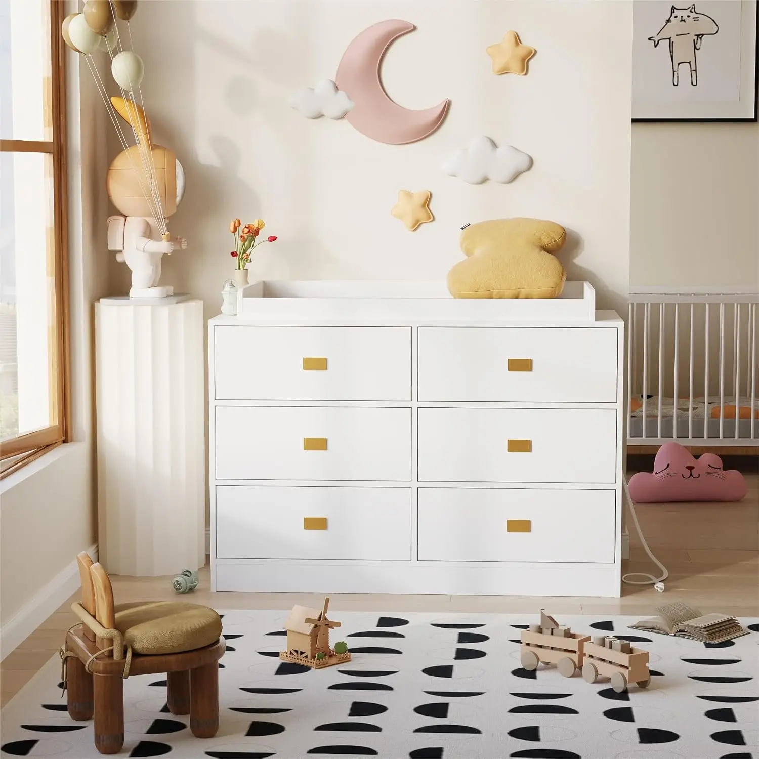 Gaomon White 6-Drawer Dresser - Multi-Functional Nursery Changing Table with Power Outlets, Soft Changing Mat, Space-Saver Cabinet for Bedroom Baby Clothes Organization, White Drawer Dresser