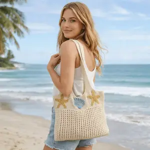Colorful Striped Woven Bag Women's Shoulder Tote with Starfish  Seashell Accents Vacation Style Design for Casual Commuting  Shopping