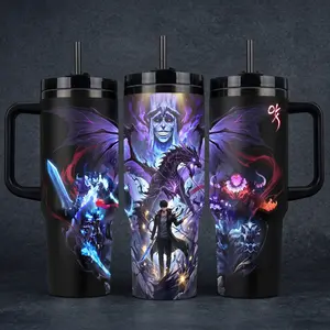 Solo Leveling Sung Jin Woo Travel Mug 20oz 40oz, Shadow Monarch Purple Aura Skull Artwork, Stainless Steel Cup With Handle, Straw Lid Drinkware Gift For Anime Fans