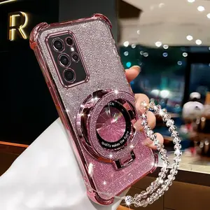 S22 Ultra Mom Series Fashion Strap Lanyard Phone Holder Case For Compatible With Samsung Galaxy S22 Ultra PC Cover and Impact Resistant Glittery with Crystal Style Chain Protector Cases Accessories