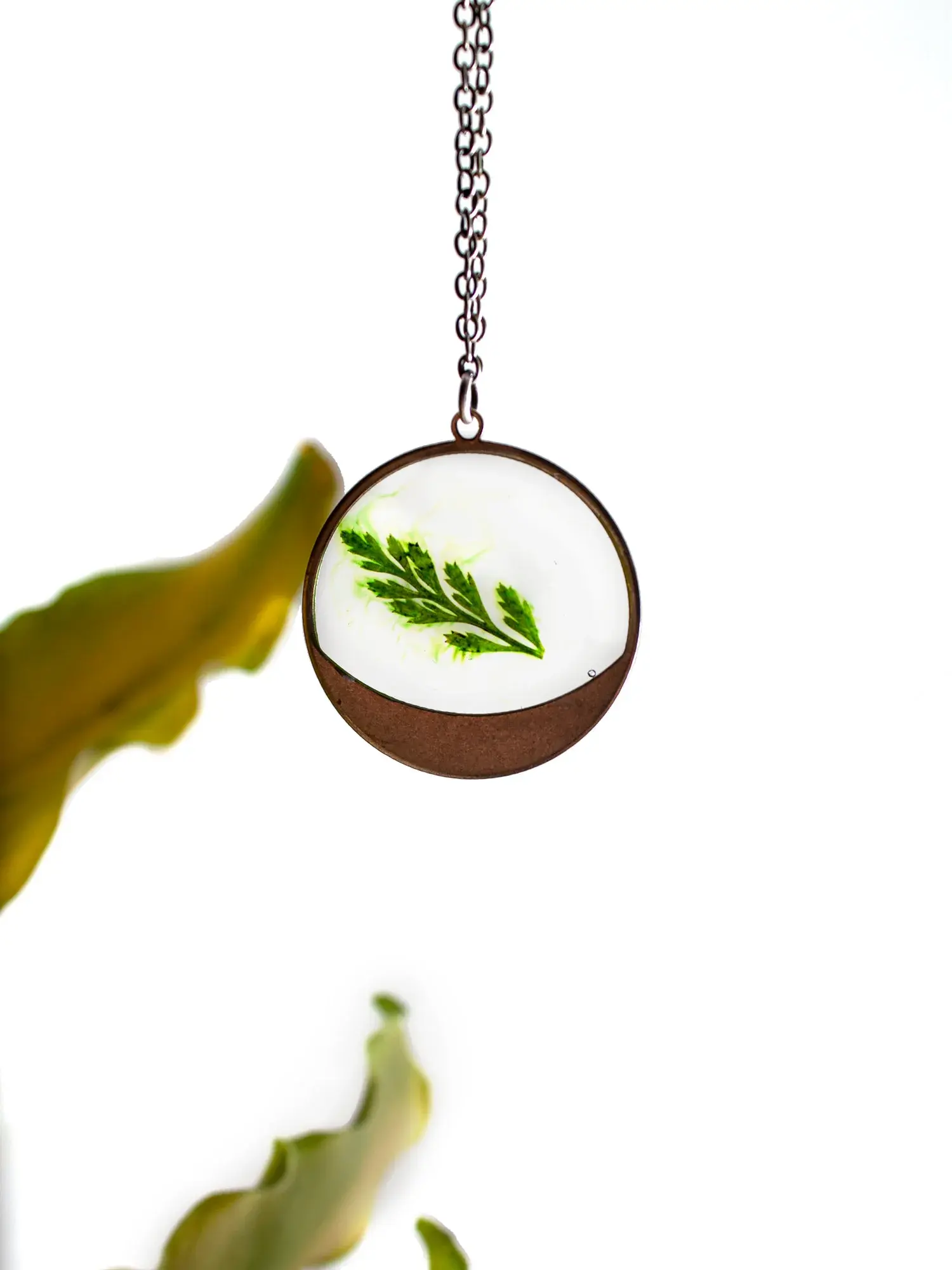 Brass Eclipse Necklace – Handmade EcoResin Pendant with Real Preserved Fern | 24” Nickel-Free Chain