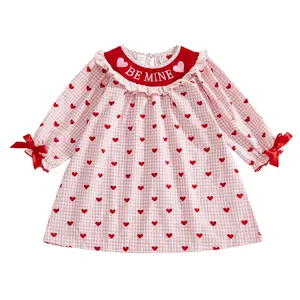 Toddler Girls Valentines Gingham Dress Outfit Baby Be Mine Ruffled Collar Long Sleeve Smocked A Line Princess Party Dresses