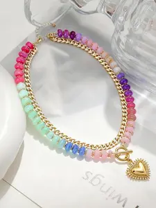 Dopamine Color Vibrant Beaded Necklace Ethnic Style Clavicle Chain with Stackable Heart Pendant, Fashion Jewelry for All Seasons
