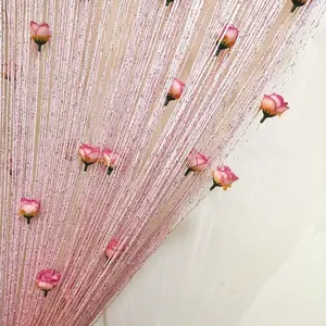 Adhesive Rose String Curtain 39.37" W x 78.74" H Premium Silver Thread Embroidered Floral Decorative Divider for Wedding Room Door Entrance