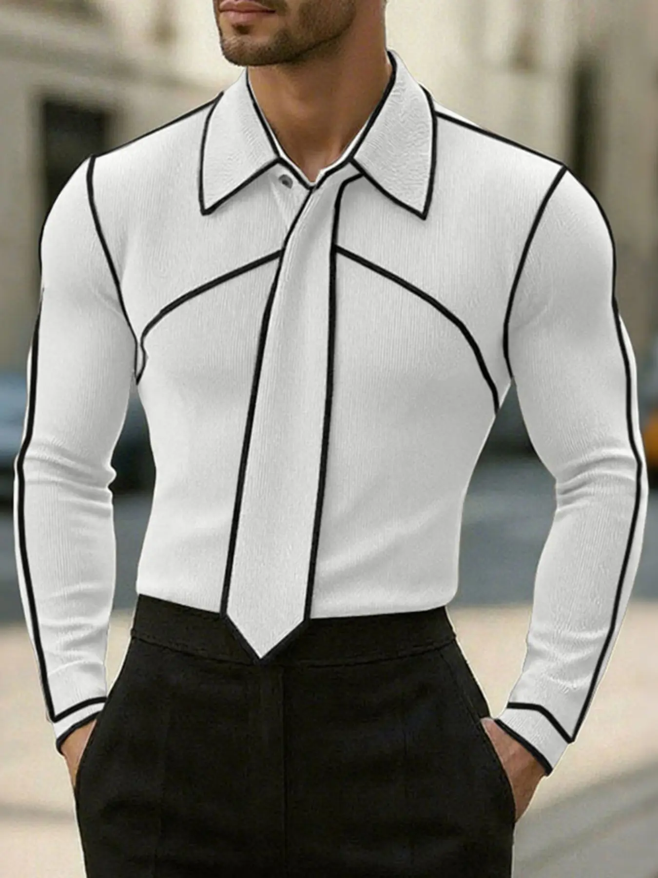 INCERUN Men's Fashion Casual Fitted Collared Design Patchwork Colorblock Textured Long Sleeves Shirt Casual Top, Perfect for Daily Wear, Stylish and Comfortable, Ideal for All Seasons