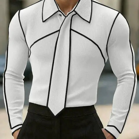 INCERUN Men's Fashion Casual Fitted Collared Design Patchwork Colorblock Textured Long Sleeves Shirt Casual Top, Perfect for Daily Wear, Stylish and Comfortable, Ideal for All Seasons, Collared Shirts