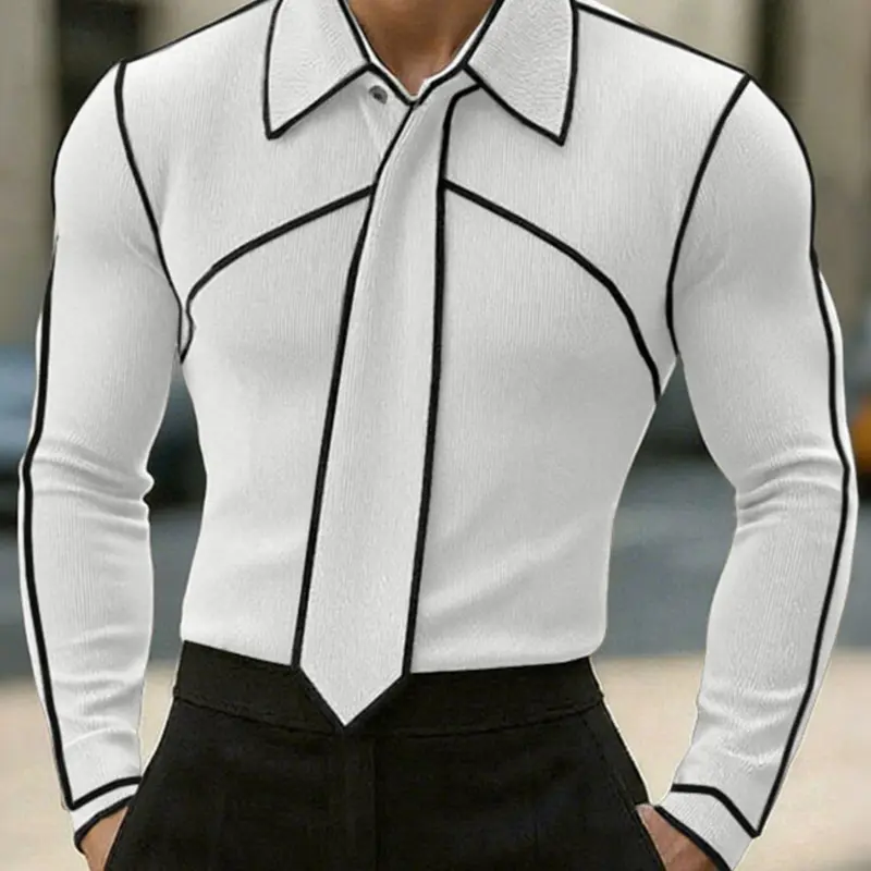 INCERUN Men's Fashion Casual Fitted Collared Design Patchwork Colorblock Textured Long Sleeves Shirt Casual Top, Perfect for Daily Wear, Stylish and Comfortable, Ideal for All Seasons, Collared Shirts