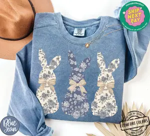 Coquette Bow Easter Bunny Comfort Colors, Floral Bunny Shirt, Cute Easter Shirt for Women, Easter Crewneck, Rabbit Shirt , Easter Gift - LORA ATCHER