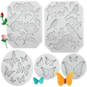 5 Pack Butterfly Rose Flower Stems Birds Blossoms Silicone Fondant Mold for Chocolate Jelly Polymer Clay Soap Crafting DIY Projects and Cake Decoration