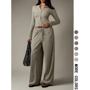 Women's Casual Loose-Fit Knitted Set, Buttoned Ribbed Top & Striped Wide-Leg Pants, All-Season Comfortable（gift）