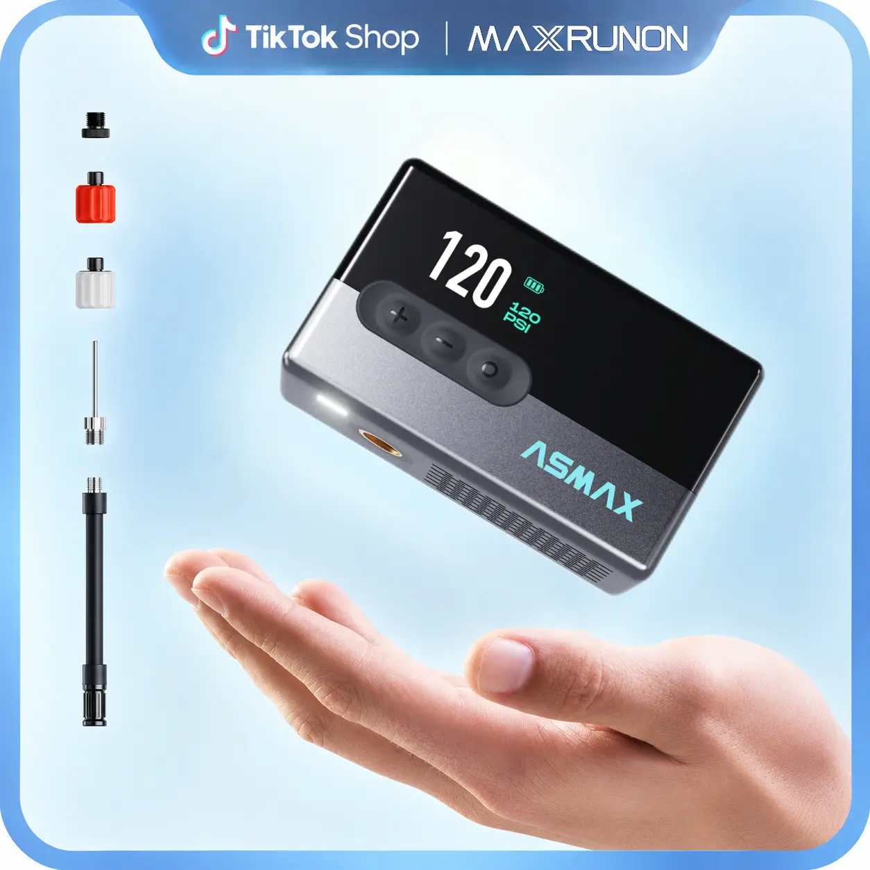 ASMAX T30 120PSI Electric Bike Air Pump - Portable Compact Auto-Stop Inflator with Tire Pressure Detection, Built-in Mini Cordless Lamp, USB-C Charging, Schrader-Presta-Dunlop Valve Compatibility for Road Bicycles