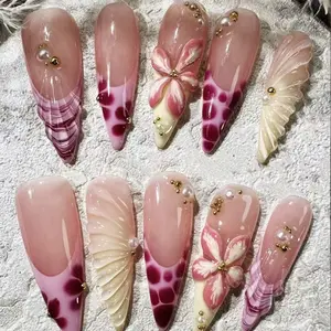 Elegant Y2K Handmade French Manicure, 3D Flower Wave Nail Art, Shell Pearl Decoration, High Heel Press-On Nails for Girls and Ladies