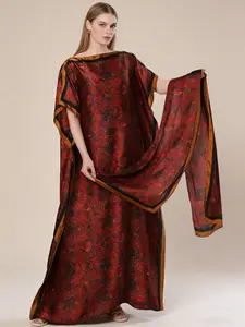 Cultural Theme Evening Robe with Vintage Eastern Pattern, Satin Long Dress with Matching Scarf, Boho Style, Loose-Fitting Floral Design