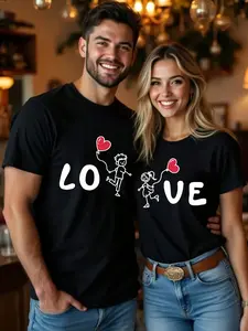 LOVE Heart Cartoon Character Pattern Couple Valentine's Day Round Neck Casual Short Sleeve T-Shirt