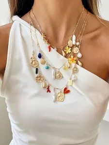 Boho Vacation Style Layered Necklace Set, Pearl Turquoise Flower Chili Pendant Necklaces, Women's Daily Holiday Gift