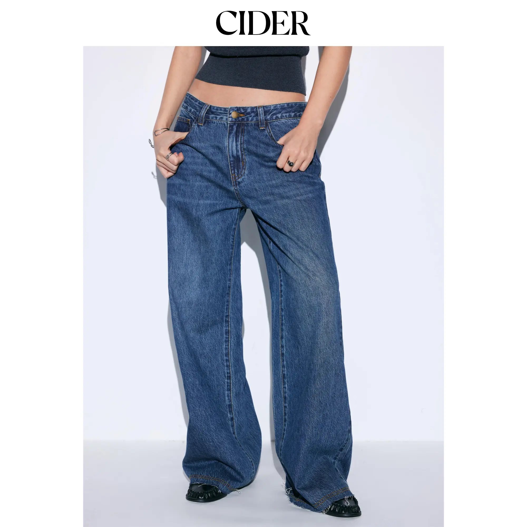 Cider Women's Plain Mid-Rise Loose Straight Leg Blue Washed Jeans, All-Seasons Women's Bottoms, Jean Pants, Mid Waist
