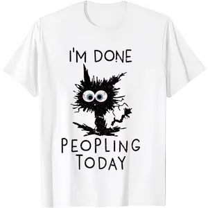Chaos Cat "I'm Done Peopling Today" T-Shirt, Messy Frazzled Black Cat Graphic Introvert Tee, Perfect for Introverts, Social Battery Drained Friends & Anti-Social Humor Lovers,Ideal for Lazy Days, Homebody Vibes & Funny Casual Wear
