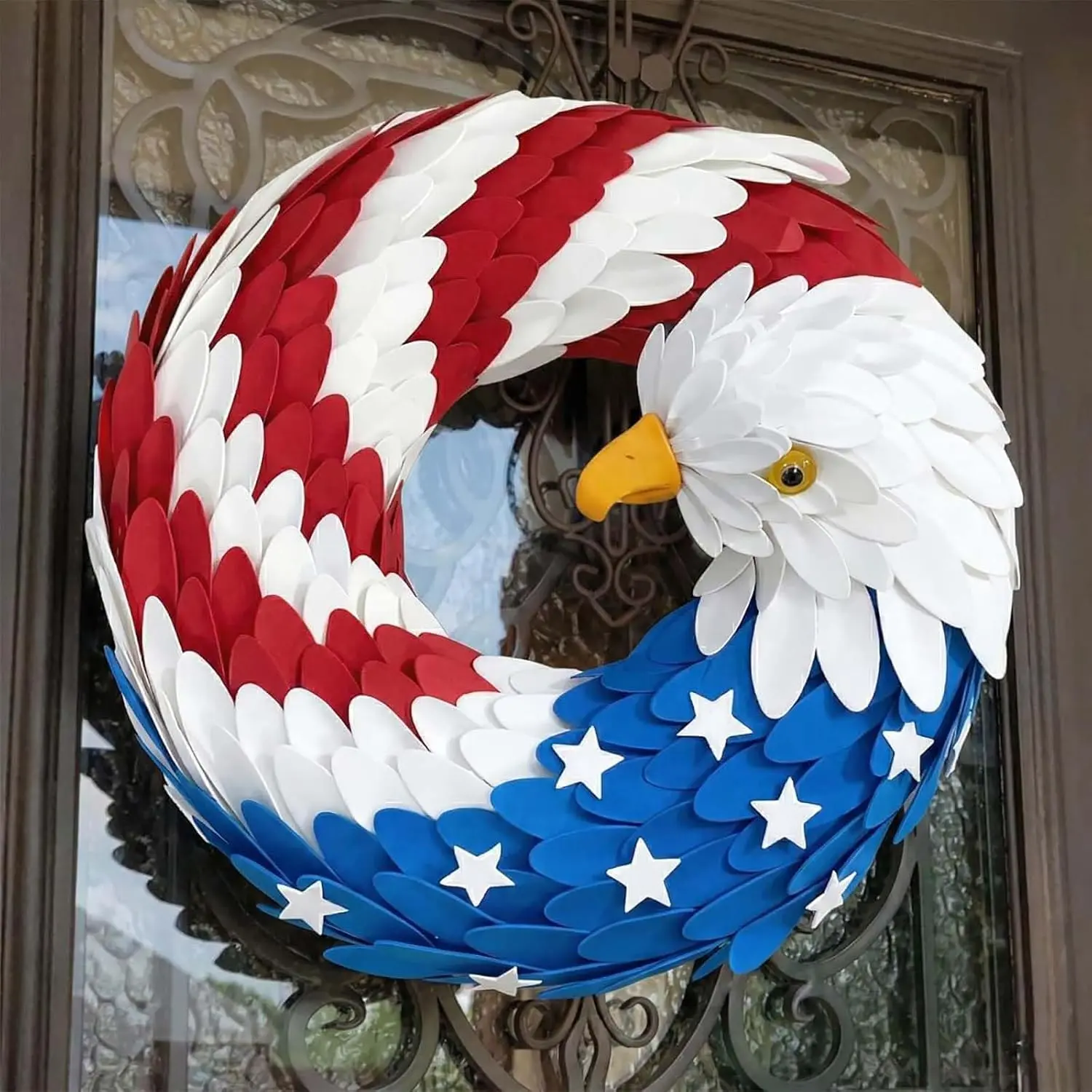 Round 250th Anniversary Eagle Wreath - 38cm(15in) 3D Patriotic Decor with American Flag Brave Wings, Outdoor Color Hold for Front Door, 2026 USA 4th/Veterans Day Festive Ornament, Stars