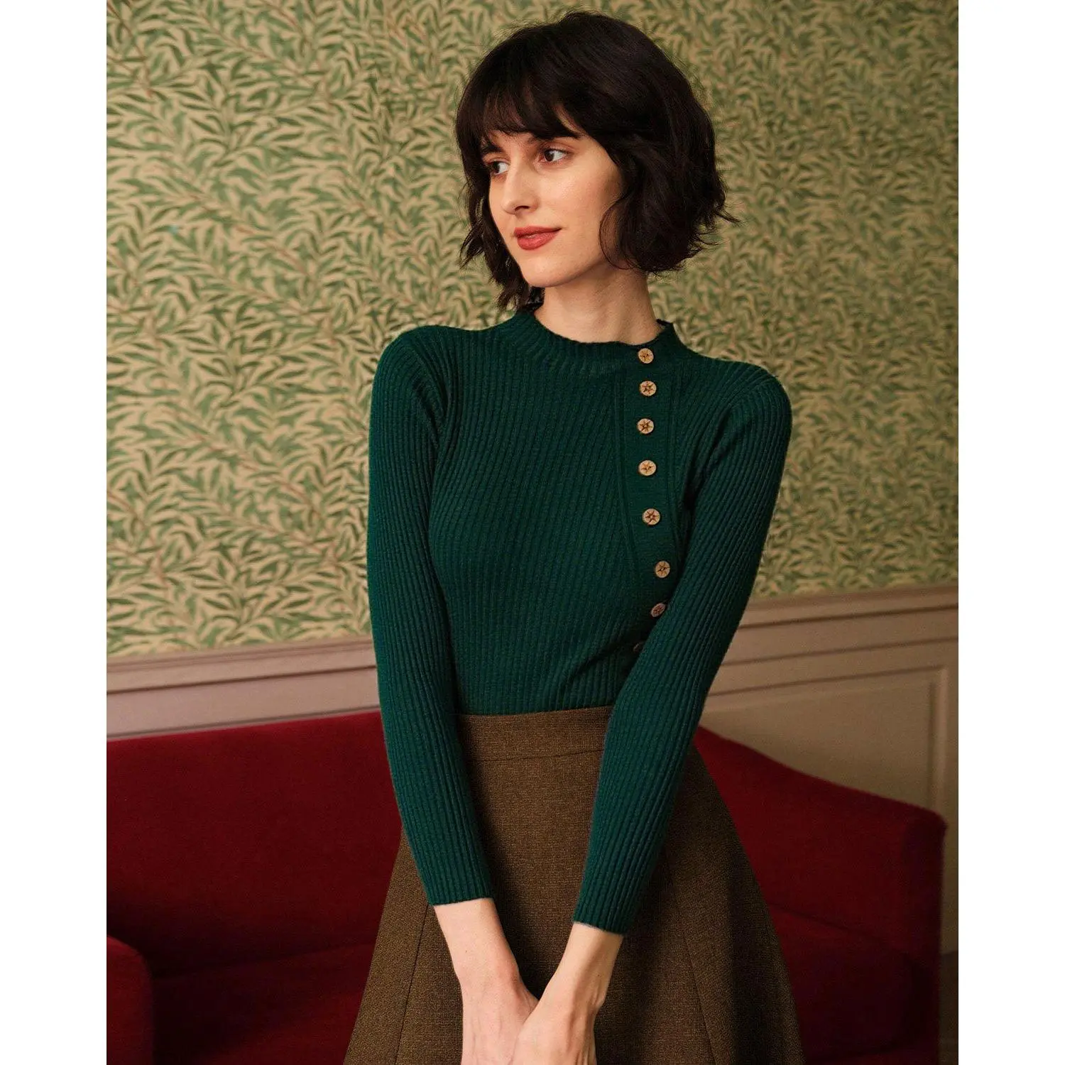 RIHOAS Lady's Retro Solid Green Ribbed Knitwear Turtleneck Long Sleeves Hip Length Casual Polyester Basic Top, Women's Clothes