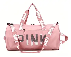 PINK Sequin Gym Duffel Bag - Spacious Water-Resistant with Shoe Compartment for All-Day Use & Summer Adventures