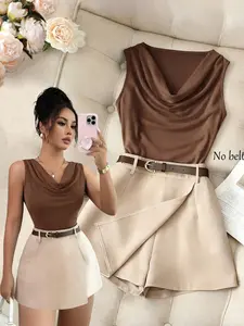 Women's Sleeveless Vest Set with Pleated Collar, Matching Apricot Skirt Hem, Casual Business Date, Spring Summer Fashion Outfits