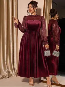 Plus Size Women's Lace Mesh Velvet Dress, Casual Fashion Long Sleeve Waist-Cinching Design Elegant Puff Sleeves, Comfortable and Stylish for Everyday Wear, Suitable for Parties and Gatherings, Autumn and Winter Fashion