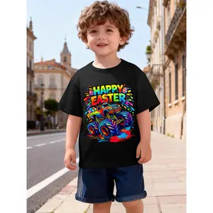Happy Easter Monster Truck Rabbit Bunny Novelty Awesome Graphic Kids' Quick Dry Moisture-Wicking T-Shirt, Breathable Lightweight Athletic Tee for Boys Outdoor Sports
