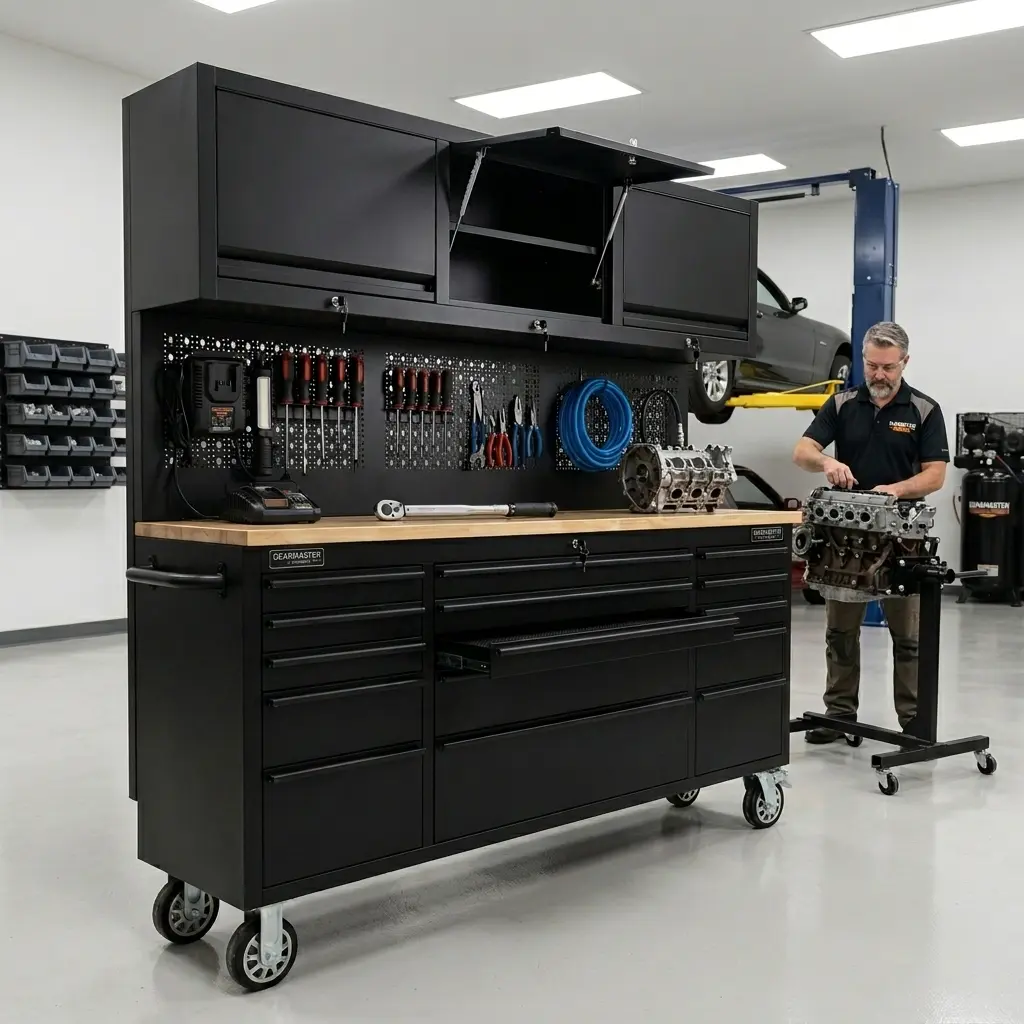 72 Inch Rolling Tool Chest & Cabinet Combo, Garage Workshop Storage with 15 Drawers, Solid Wood Workbench, Pegboard, 3 Overhead Cabinets, Built-in Power Strip & USB Ports, Lockable Steel
