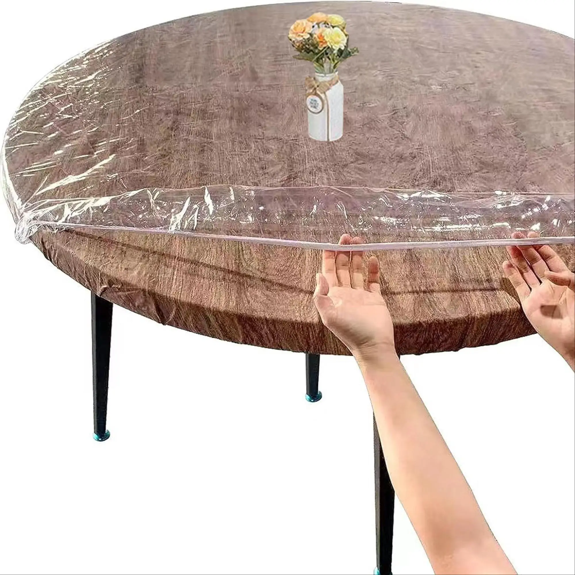 Round Transparent Vinyl Tablecloth, Waterproof Oil-proof Elastic Edge Design Table Cover, Table Linens for Gatherings Dining Indoors Courtyard Picni