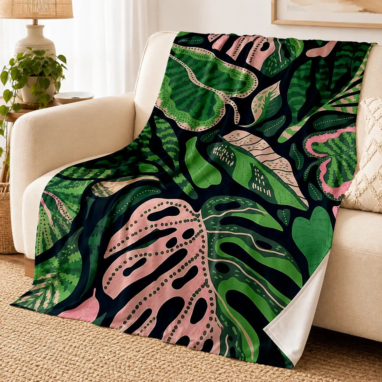Tropical Botanical Leaf Flannel Throw Blanket, Super Soft Lightweight Green Pink Monstera Pattern Fleece Blanket for Adults & Kids, Cozy Single-Sided Print Blanket with White Reverse, All Season Home Decor Gift