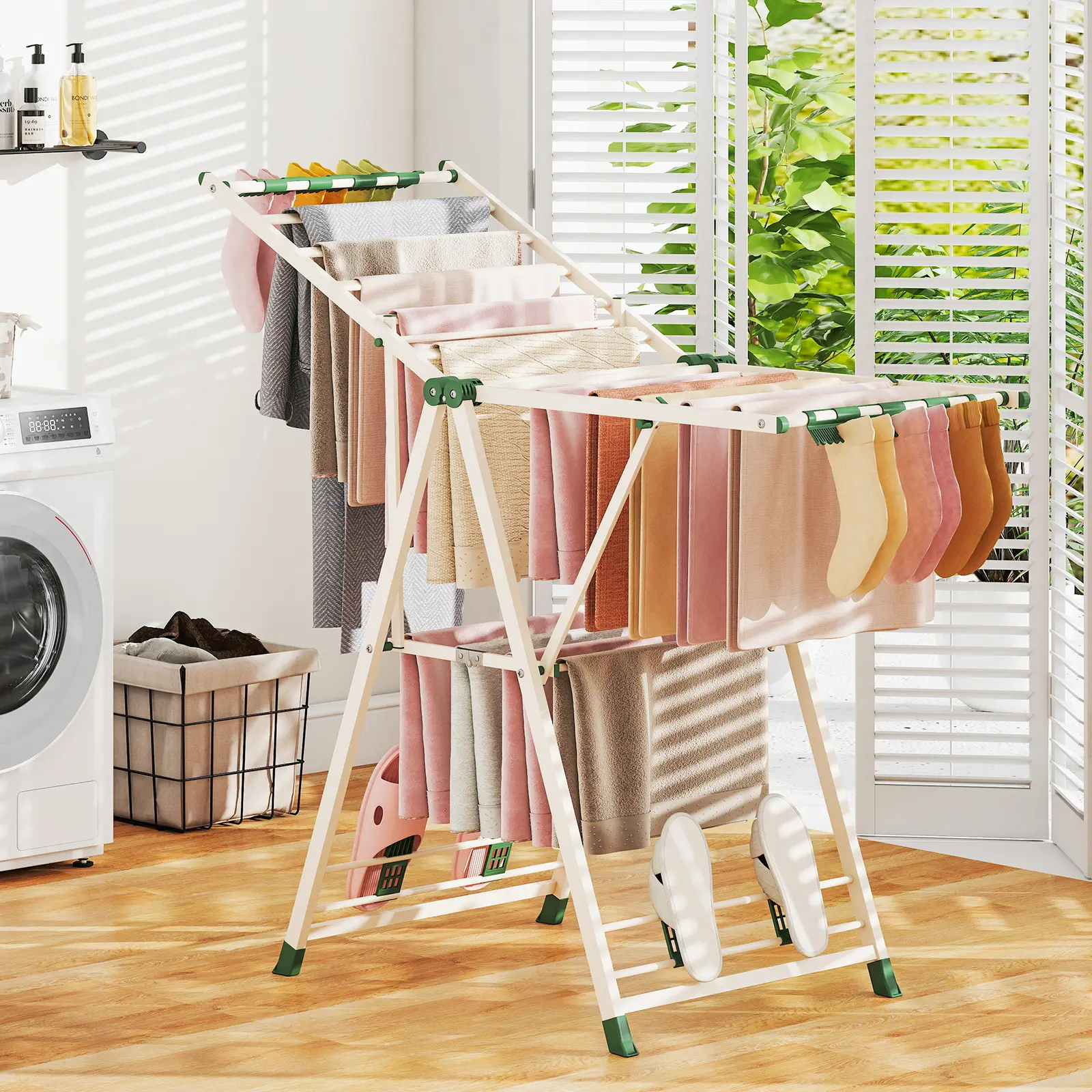 COSTWAY - Clothes Drying Rack with Height Adjustable Wings-Beige