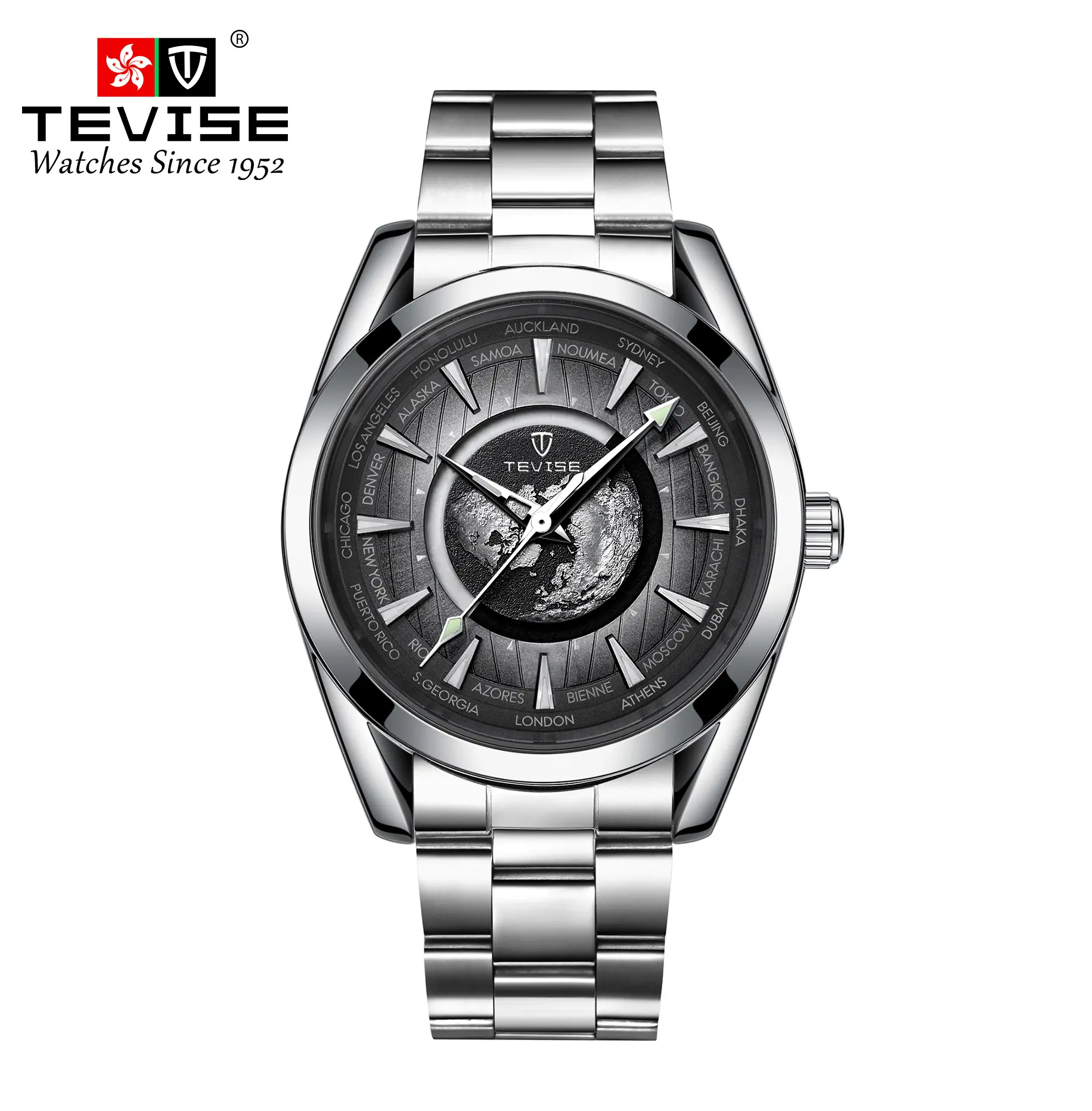 TEVISE Men's Classic Analog Mechanical Male Watch - Earth Dial, Stainless Steel, Luminescent Hands, 30m Waterproof