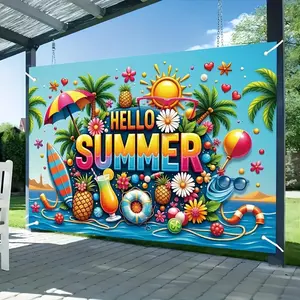 1pc 2D Flat Tropical Print Polyester Decorative Backdrop Banner, 150cm x 100cm Summer Beach Scene Flag with Palm Trees, Sun, Colorful Balls - Party-Ready Banners for Birthday, Outdoor Decorations,summervibes