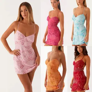 2025 Summer New Women's Sequined Embroidery Sexy Backless Spaghetti Straps Dress Short Skirt