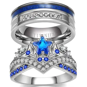 Ringcrown Couple Rings Matching Rings His Her Ring Stars And Moon Princess Ring Blue CZ Women's Wedding Ring