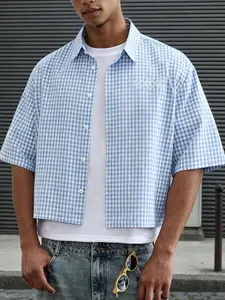 1 Count Blue White Gingham Short Sleeve Shirt, Embroidered Letter Print Casual Button-Up Top, For Daily, Office, Dating Wear