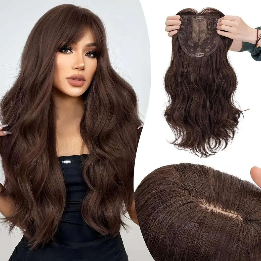 MOCA Hair Toppers for Women with Thinning Hair 18 Inch Long Hair Toppers Wavy with Side Bangs 4 Clips in Hair Extensions Hair Closure Piece Hairpieces, Curly Wavy  6"x6" Lace Base Clip in Synthethic Hairpieces Dark Brown Mix Blonde