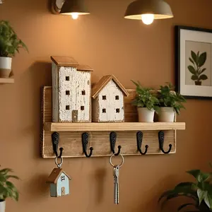 Wall-Mounted Wooden Storage Rack, Wall Decor Hanging Piece, Home Wood Key Holder, Space-Saving Organizer for Living Room & Bedroom, Key Hook