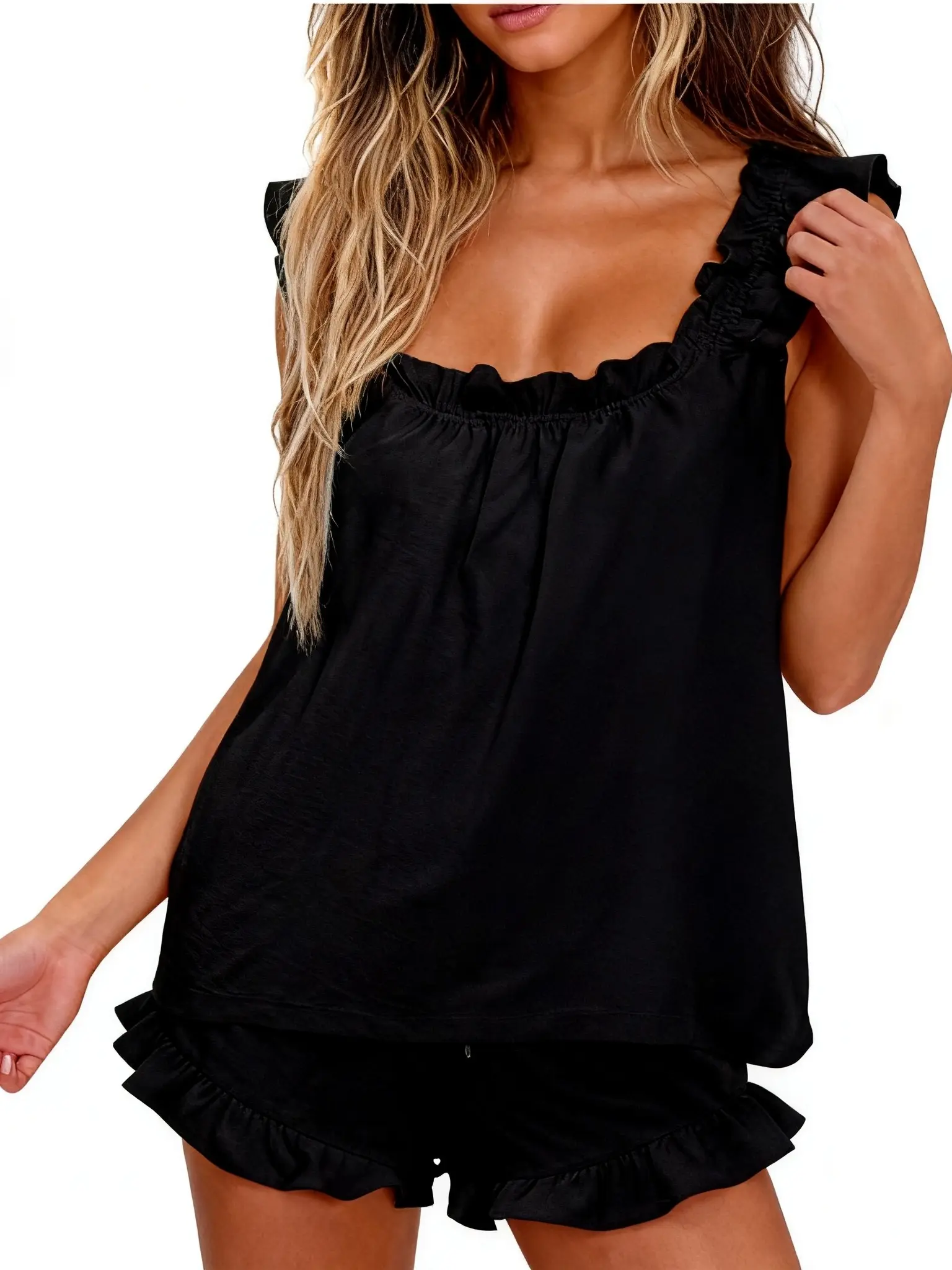 Women Ruffle Trim Sleeveless Pajamas Set, pajamas sets for women, pajamas, cozy family loungewear, loungewear pjs, fashionable lady, breathable loungewear, pjs pyjama, Feminine Style, Soft Fabric, Everyday Comfort, Day Wear, Cozy Home Outfit