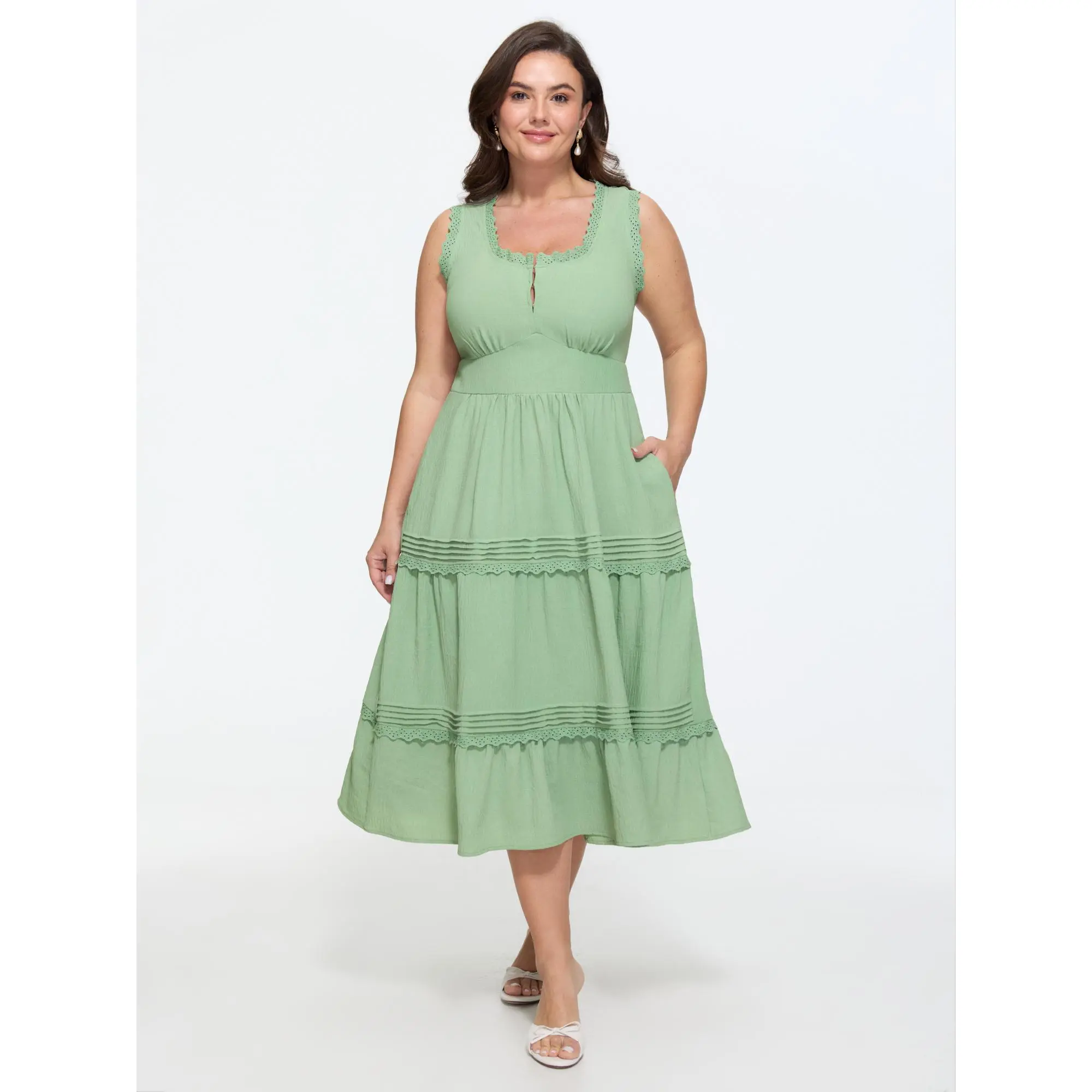 BLOOMCHIC Women's Plus Size Casual Midi Dress - 2026 Sleeveless, Lace Trim, Ruffled Tiered, Smooth Polyester Fabric Garment, Summer Wear, Sizes M-6X, Fit, Pocket, Low Iron, Do Not Tumble Dry, Hand Wash Only, Casual Wear, Plus Size Casual Dresses