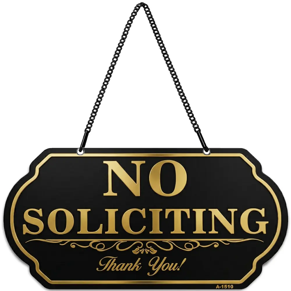 No Soliciting Sign 10×5 Inch Aluminum Hanging Door Sign with Chain Weatherproof Metal Plaque for Home Front Door Porch Office Fence