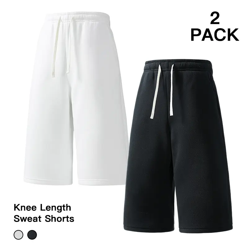Men 2 Pack Knee Length Sweat Shorts Oversized Loose Drawstring Casual Jogger Shorts Solid Color Streetwear Lounge Bottoms for Gym Daily Walking