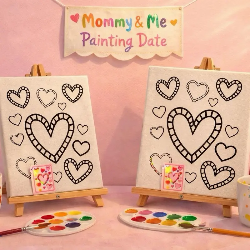 Mommy & Me Paint Kit Valentines hearts theme Pre Printed Paint Canvas 8x10 & 5x7  with Hearts