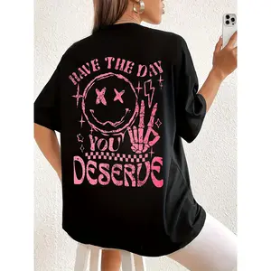 Women's Oversized Plus Size Letter-Print Short-Sleeve Round Neck Casual T-Shirt for Spring Summer