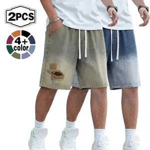 Summer new denim shorts casual fashion loose gradient ripped jeans drawstring jeans