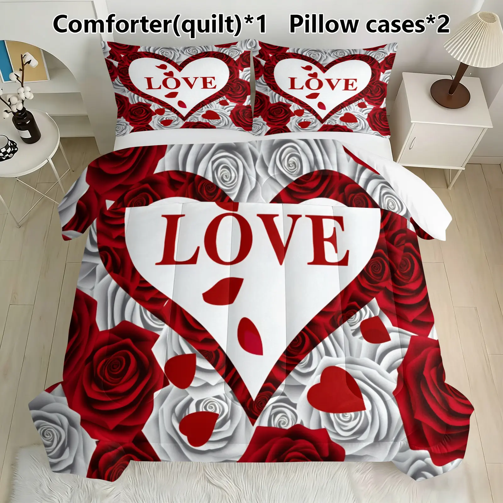 Romantic Red Rose Heart Love Comforter 3 Piece Set, Valentines Floral Couple Bedding Quilt Set