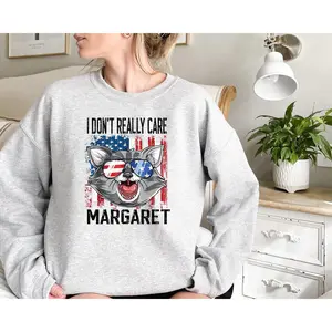 I Don't Really Care Margaret Raccoon Sweatshirt, Funny JD Vance Apparel, Republican Humor Top, Unique Trump Merchandise, Casual Statement Sweater
