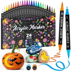 24 Colors Dual Tip   Markers,   Pens with Fine Tip and Brush Tip for Rock Painting, , Plastic, Glass, Canvas, Fabric, Pumpkin, DIY Crafts Making Art Supplies