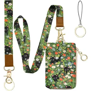 *Z-BR23  2-in-1 ID Badge Holder & Lanyard Wallet for Womens Cute Black Flower Leather Zip ID Case Wallet with Breakaway Wrist & Neck Lanyard, Clear Window, 5 Card Slots, Ring Keychain for Worker Teacher Nurse