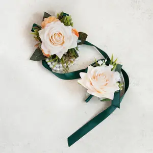 Champagne Pink Pearl Bracelet Wrist Corsage, Wedding Gift, Flower Girl, Bridesmaid, Mom, Bridal Accessories, Real Touch Boutonniere Prom